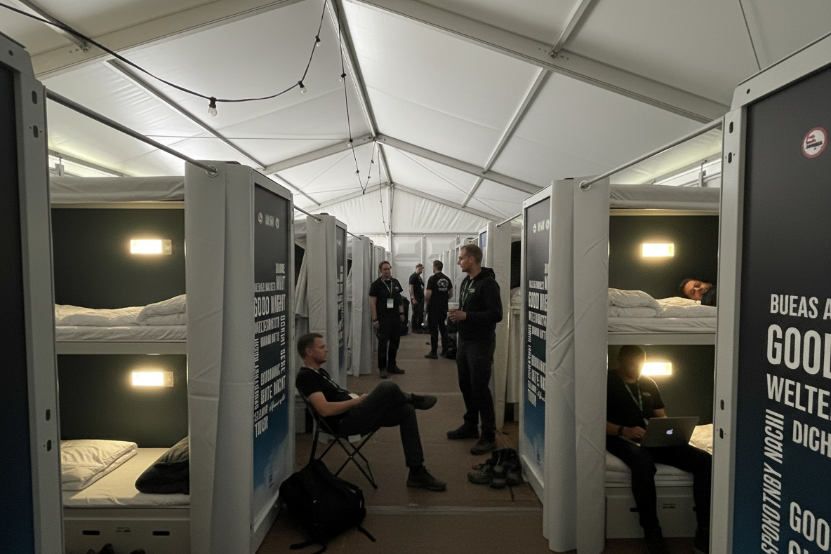 festival crew in tent met bedstay